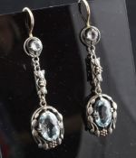 A pair of 20th century Arts & Crafts style silver, gold and aquamarine drop earrings, each set