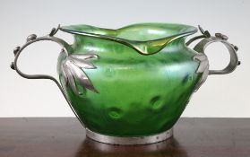 A Loetz Rusticana pewter mounted Bohemian Art glass bowl, with twin loop handles, decorated with