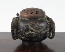 A Chinese bronze censer and wood cover, 18th / 19th century, of slightly compressed globular form