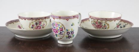 Two Worcester polychrome tea bowls and saucers, c.1770, the cream ground decorated with floral