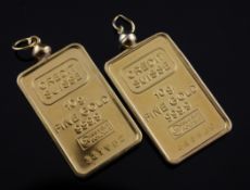 Two Credit Suisse 10g fine gold ingots, now mounted as pendants, numbered 445860 & 337942, gross