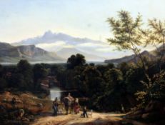 Attributed to André Giroux (1801-1879)oil on canvas,Travellers in a North Italian landscape,21 x