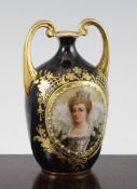 A Vienna style twin handled bottle vase, c.1900, painted to an oval reserve with a titled portrait