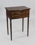 A Regency mahogany bowfront side table, fitted with two frieze drawers, on ring turned supports, W.