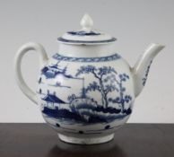 A Worcester blue and white `Cannon Ball` pattern globular teapot and cover, c.1775, decorated with a