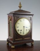 A Regency style brass inset mahogany mantel clock, with painted dial and W&H movement, 15.5in.