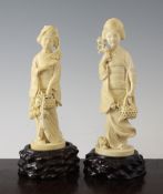 Two Japanese ivory figures of bijin, early 20th century, the first with a cat at her feet holding