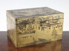 A Chinese export gilt decorated lacquer tea caddy, c.1840, the exterior decorated with figures