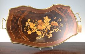 An early 20th century French marquetry inlaid rosewood tray, with brass mounts, 24in.