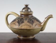 A Martin Brothers stoneware teapot, c.1880, carved and incised with Persian style flowers and motifs