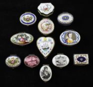 A collection of twelve early 19th century enamel patch boxes, of various shapes