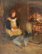 R. Noble (19th C.)oil on board,Girl and terrier beside the hearth,signed,14.5 x 11.5in.