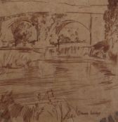 Edmund Blampied (1886-1966)pen and ink on sepia paper,Oruna Bridge,initialled,7.5 x 7.25in.