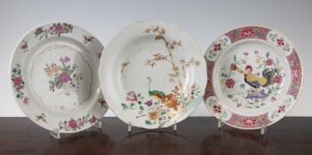 Three Chinese export famille rose plates, Qianlong period, the first painted with a cockerel amid