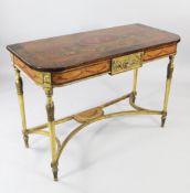 A Sheraton Revival painted satinwood and carved giltwood console table, the top painted with a