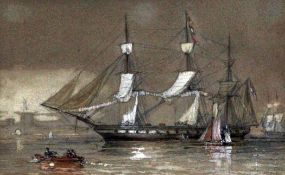 Oswald Walters Brierly (1817-1894)pencil and watercolour,HMS Galatea off Fort Macquarie, Sydney