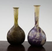 Two Galle cameo glass bottle vases, c.1910, the first decorated in amethyst and frosted clear