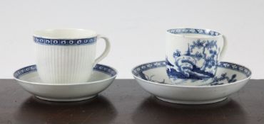 A Worcester blue and white `Cannon Ball` pattern cup and saucer, c.1770, shaded and open crescent