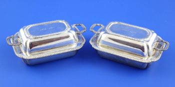 A pair of 1930`s silver bon bon dishes modelled as miniature two handled entree dishes with