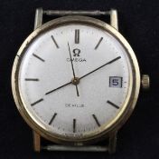 A gentleman`s 9ct gold Omega De Ville manual wind wrist watch, with baton numerals and date