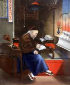 A pair of Chinese Trade paintings of a scholar and a lady in an interior, 19th century, each