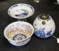A Chinese blue and white opium pipe vessel, a doucai stem dish and a Japanese Imari bowl, 19th