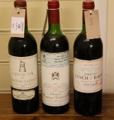 Three bottles of fine claret including one Chateau Latour 1967, Premier Cru Classe, Pauillac, high