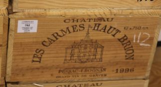 A case of twelve bottles of Chateau Les Carmes Haut-Brion 1996, Pessac-Leognan, owc. Probably the