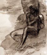 Attributed to George Frederick Watts (1817-1904)watercolour,Study of a seated figure holding a