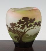 A Galle cameo vase, c.1910, decorated with landscape predominantly in browns and green, etched