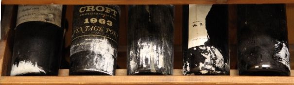 Five bottles of vintage port from or believed from the 1960s, including one Dow 1966, bottled by