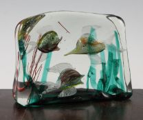 A Murano glass `fish tank` ornament, 1940`s, decorated with three exotic fish amid weed, 20cm.