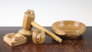 A Robert `Mouseman` Thompson gavel and block, together with a `Mouseman` adzed oak bowl, napkin