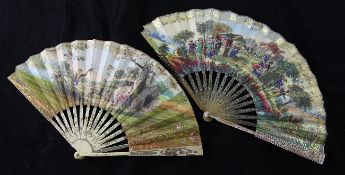 A 19th century French floral and gilt decorated bone fan, the printed leaves depicting a shepherd`s