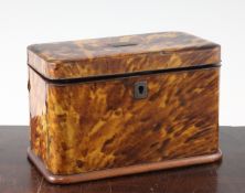 A 19th century rectangular tortoiseshell tea caddy, the hinged top revealing twin lidded