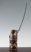 A Chinese rosewood and mother of pearl inlaid water pipe, early 20th century, the cylindrical body