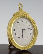 A fine early Victorian gilt brass strutt timepiece, with foliate engraved dial and case, 5.5in.