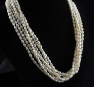 A seven strand freshwater pearl choker necklace with 14ct gold diamond-set clasp, 15in.