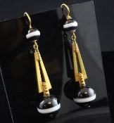 A pair of late 19th/early 20th century gold and graduated banded agate drop earrings, with open