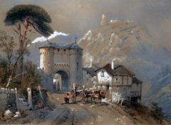 Thomas Leeson Rowbotham (1783-1853)watercolour,Gateway to an Italian town,signed and dated 1850,