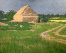 § Robert Buhler (1916-1989)oil on canvas,Haystack and farm cart,signed,28 x 36in.