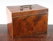 An early 19th century mahogany rectangular tea caddy, the hinged lid revealing two tinned