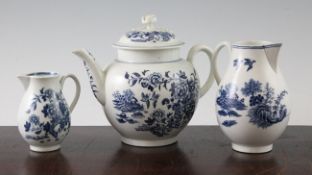 A group of Worcester Fence pattern items, c.1775, comprising a globular teapot and cover, 15.6cm.,