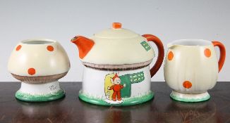 A Shelley Mabel Lucie Attwell matched `Boo Boo` mushroom house three piece teaset, c.1920`s, green