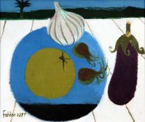 § Mary Fedden (1915-2013)oil on board,`Blue Dish No.2`,signed and dated 1977,9.5 x 11.25in.