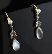 A pair of gold, moonstone, seed pearl and diamond set drop earrings, 1.25in.