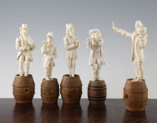 A set of five late 19th / early 20th century Bavarian carved ivory figures of a band of musicians,