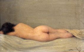 Charles Perron (French, 1893-1958)oil on wooden panel,Reclining female nude,signed,5.5 x 8.5in.