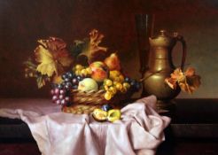 Gyula Bubarnik (Hungarian, b.1936)oil on wooden panel,Still life of a pewter flagon and fruit in a