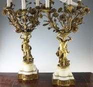 In the manner of Clodion. A pair of gilt bronze and alabaster candelabra, one modelled as the satyr